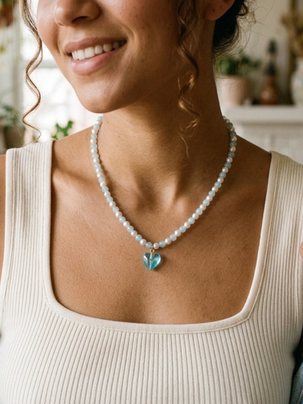 Urban Outfitters Light Blue Beaded Necklace with Heart Pendant